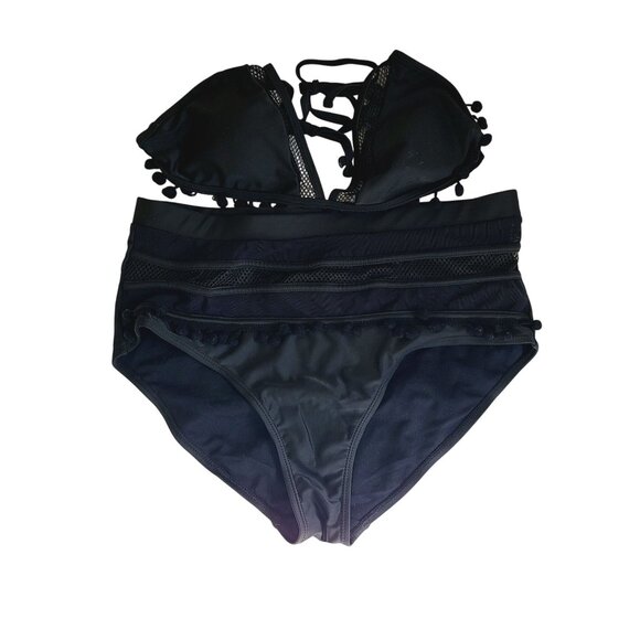 Women's Swimwear Black Bikini Set With Pom Pom Trim & Mesh Detail Size XL - Picture 1 of 10